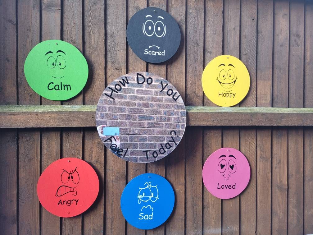 SET OF 8 ACRYLIC EMOTIONS DISCS, WITH LARGER ACRYLIC HOW DO YOU FEEL MIRROR