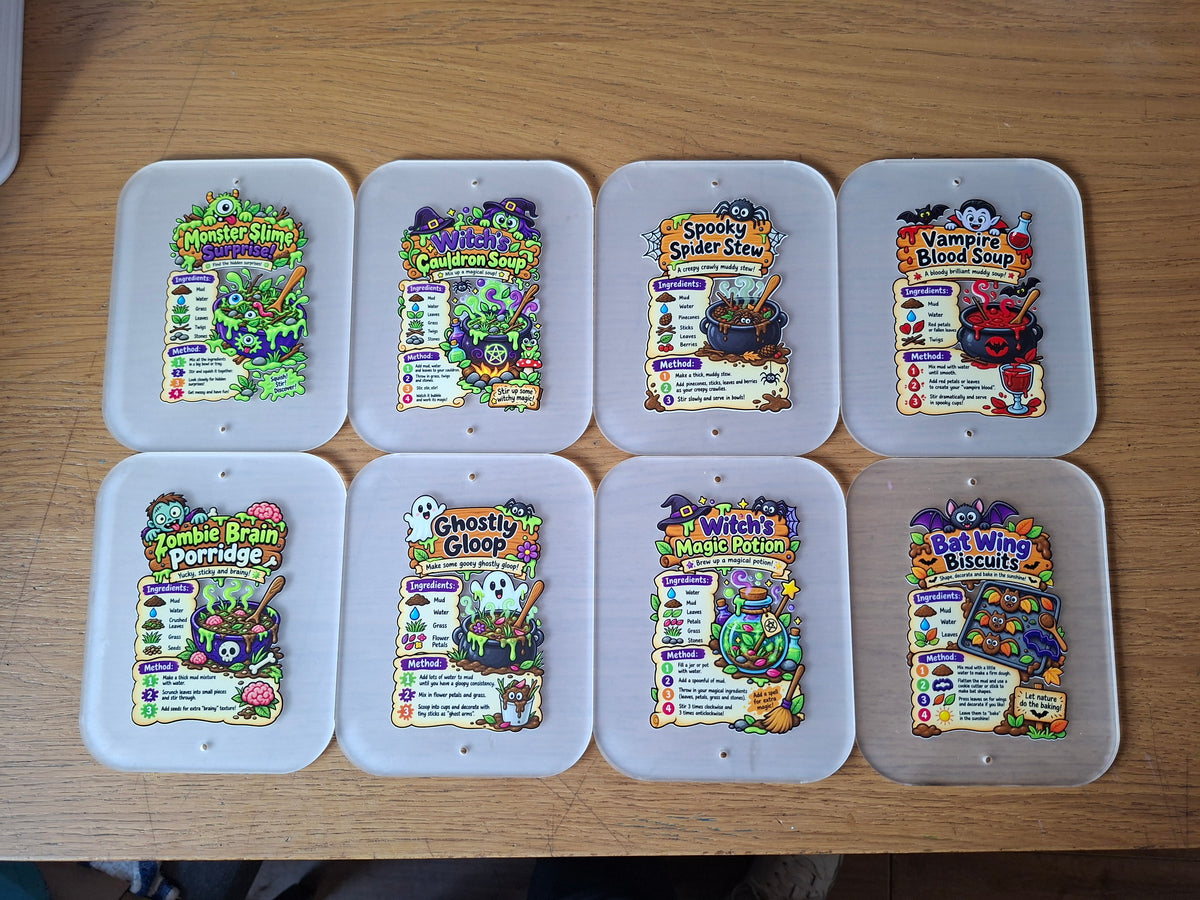 SET OF 8 HALLOWEEN MUD KITCHEN RECIPE CARDS, ACRYLIC (15X12CM)