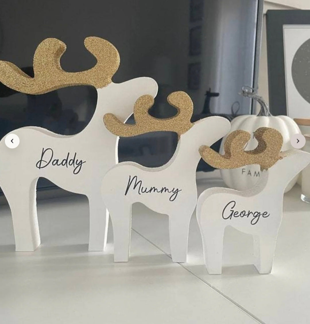 PERSONALISED REINDEER FAMILY SET, WOODEN WITH GLITTER DETAILING