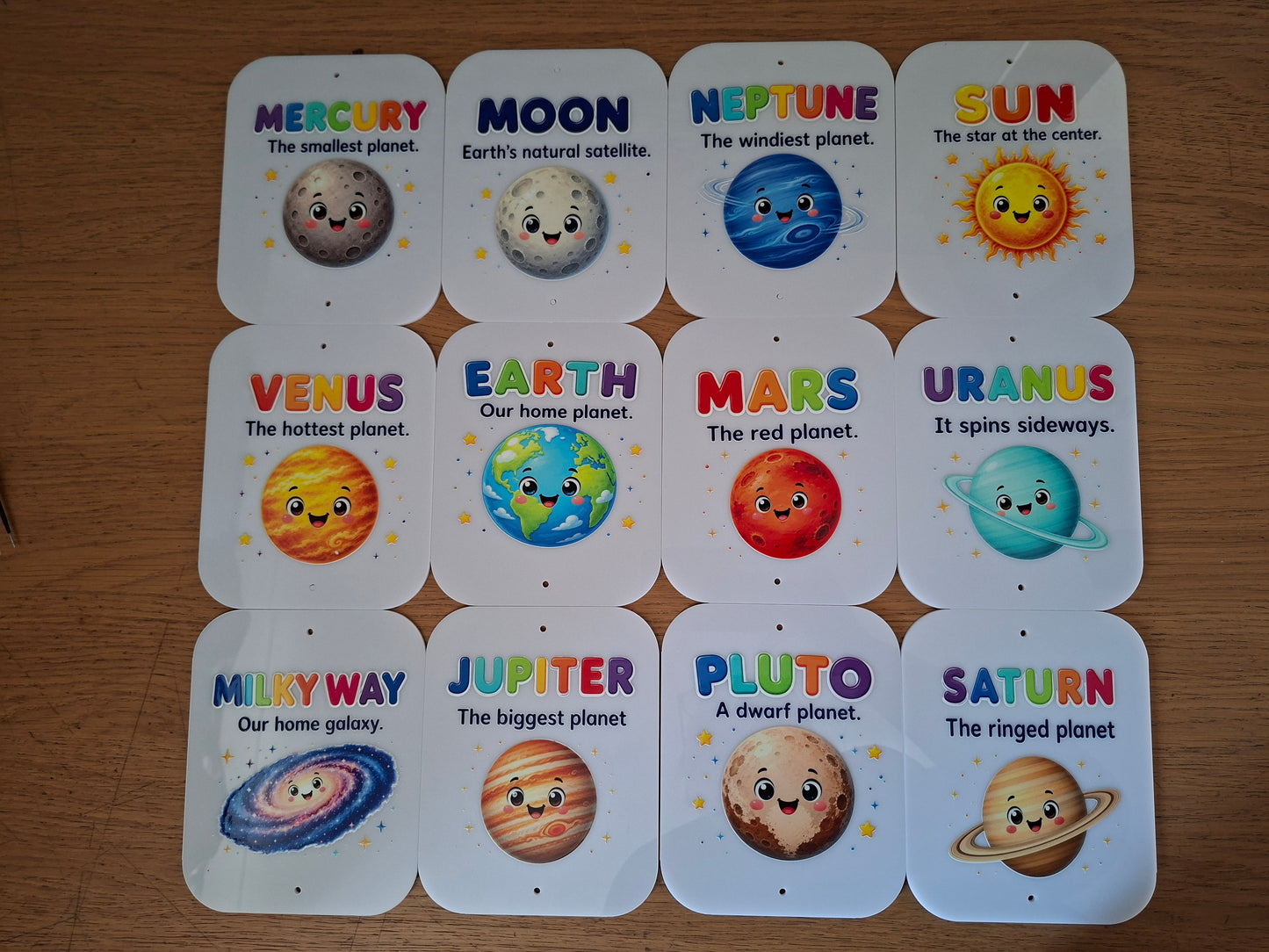SET OF 12, PLANETS / SOLAR SYSTEM ACRYLIC SIGNS, UV PRINTED 12X15CM