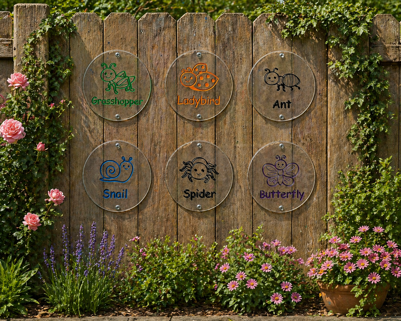 SET OF 8 CLEAR BUG DISCS - 17CM EACH - BUG HOTEL SIGN