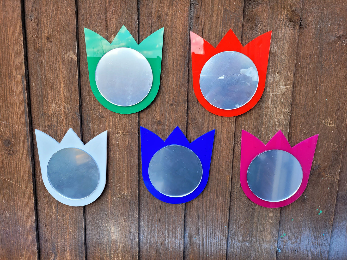 SET OF 5 MINI TULIP MIRRORS (ACRYLIC) 18CM FLOWER 10CM MIRRORS