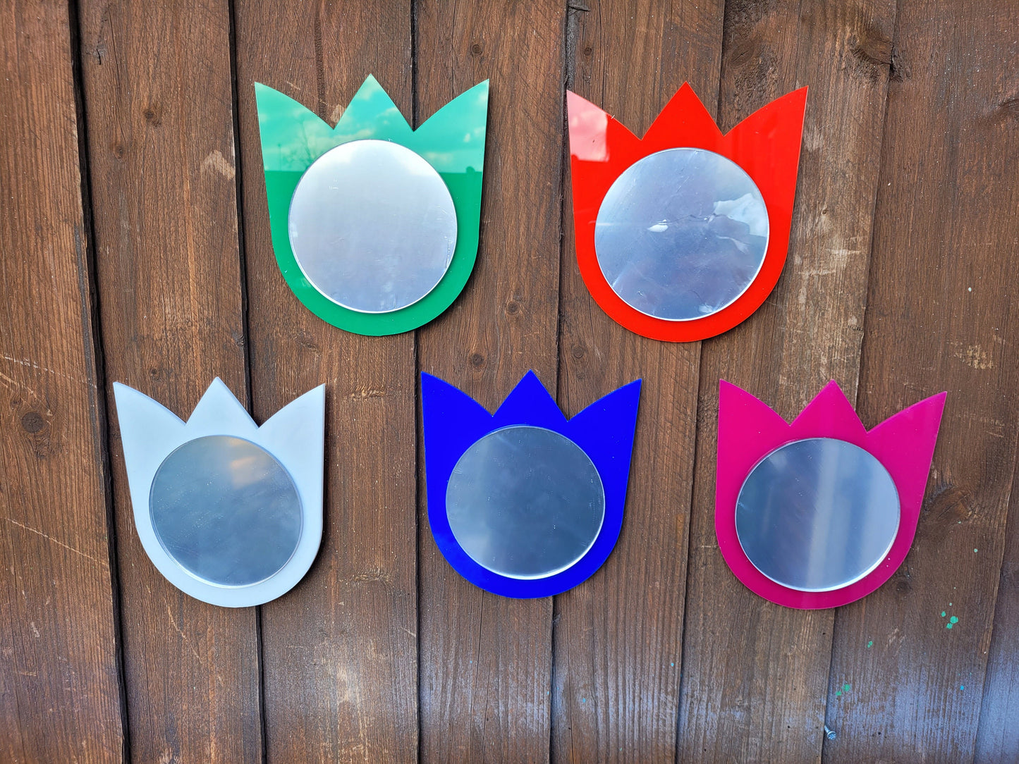 SET OF 5 MINI TULIP MIRRORS (ACRYLIC) 18CM FLOWER 10CM MIRRORS