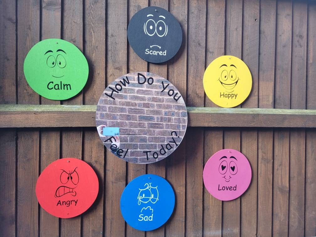 SET OF 8 ACRYLIC EMOTIONS DISCS, WITH LARGER ACRYLIC  HOW DO YOU FEEL MIRROR
