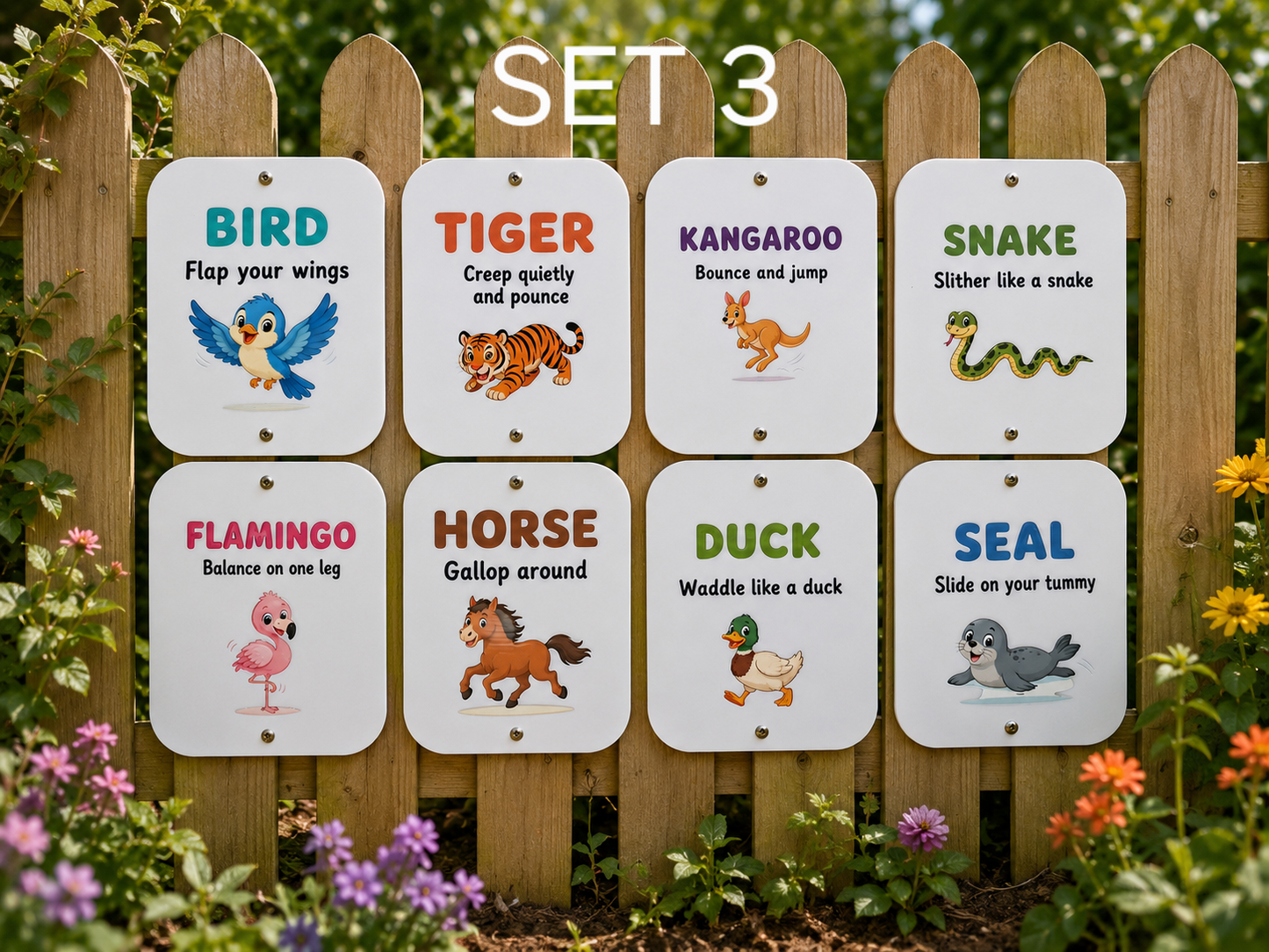 SET OF 8 ANIMAL MOVEMENT CARDS, CHILDRENS EXERCISE, 15X12CM ACRYLIC SIGNS