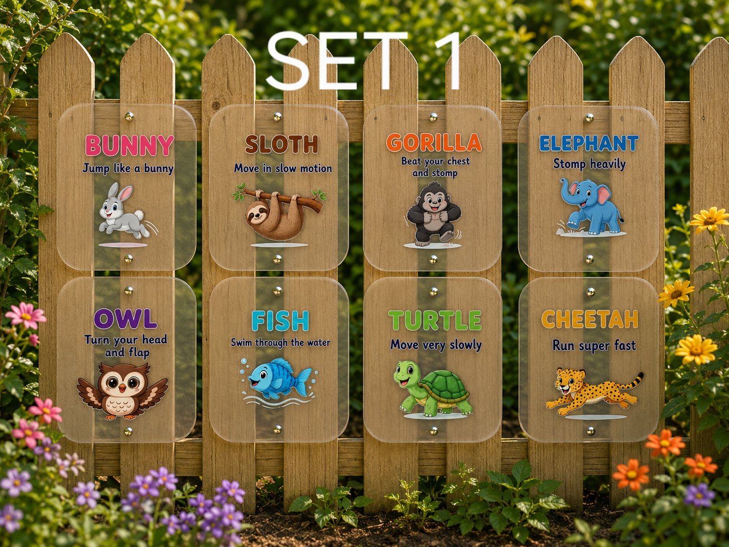 SET OF 8 ANIMAL MOVEMENT CARDS, CHILDRENS EXERCISE, 15X12CM ACRYLIC SIGNS