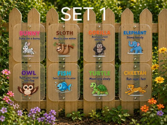 SET OF 8 ANIMAL MOVEMENT CARDS, CHILDRENS EXERCISE, 15X12CM ACRYLIC SIGNS