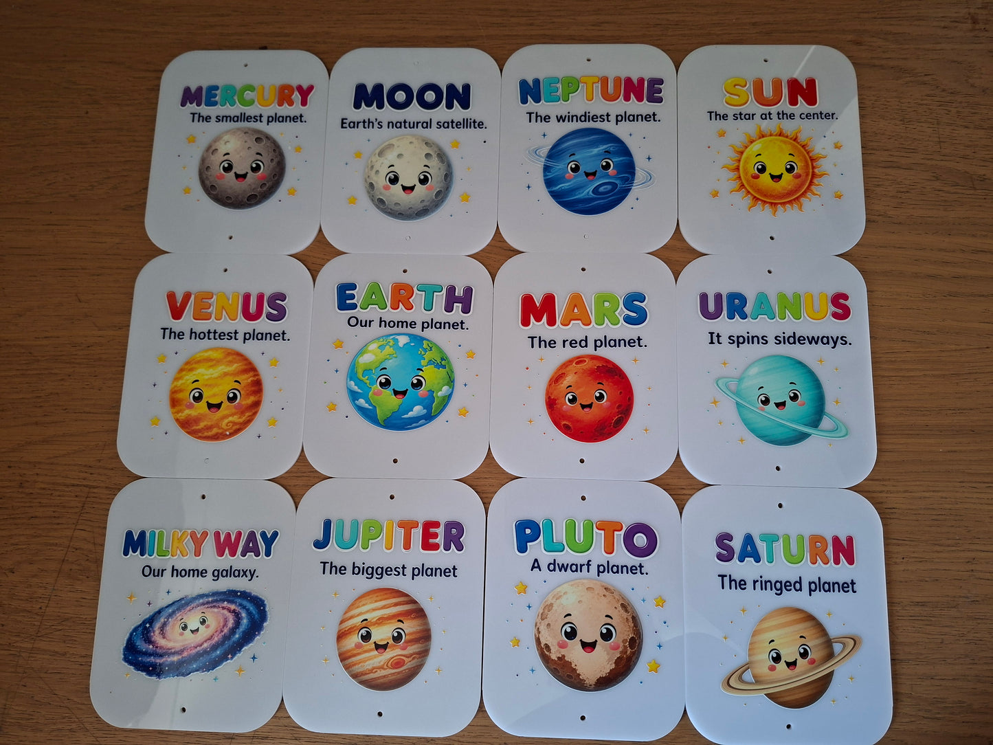 SET OF 12, PLANETS / SOLAR SYSTEM ACRYLIC SIGNS, UV PRINTED 12X15CM