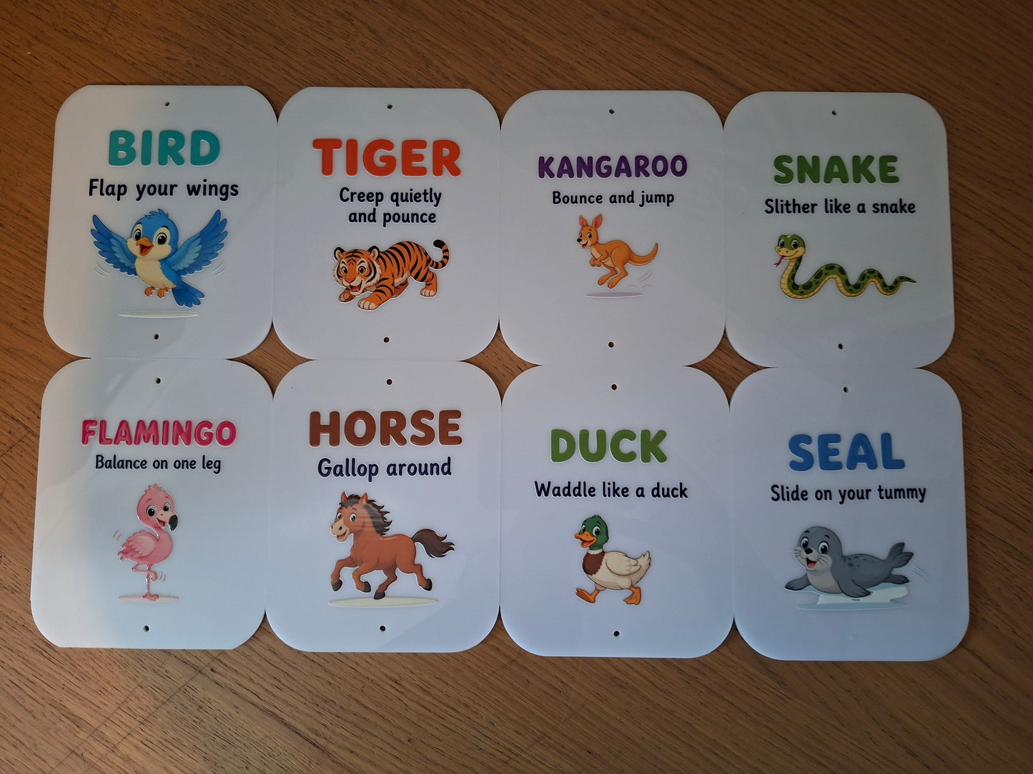 SET OF 8 ANIMAL MOVEMENT CARDS, CHILDRENS EXERCISE, 15X12CM ACRYLIC SIGNS