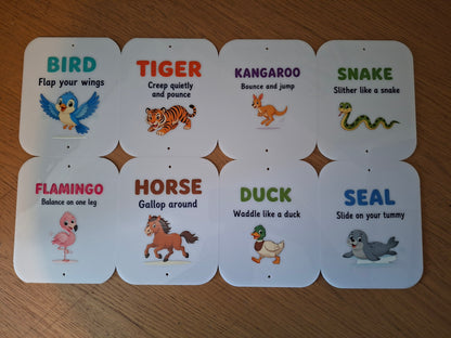 SET OF 8 ANIMAL MOVEMENT CARDS, CHILDRENS EXERCISE, 15X12CM ACRYLIC SIGNS