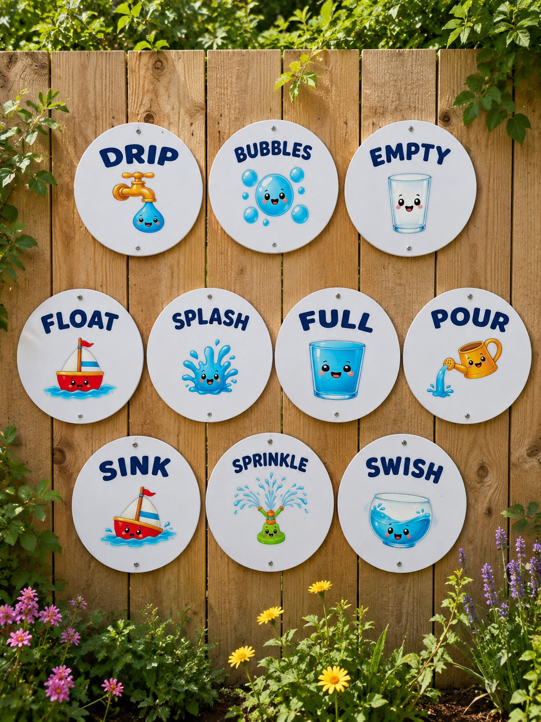 SET OF 10 WATER PLAY SIGNS, 15CM DISCS, UV PRINTED