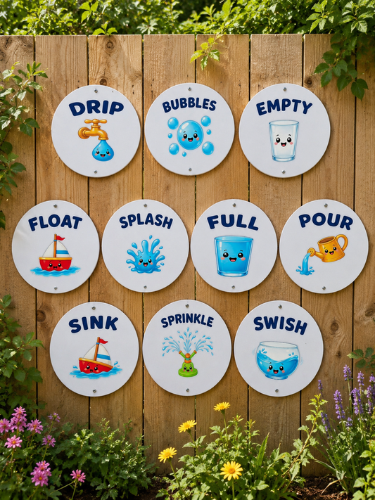 SET OF 10 WATER PLAY SIGNS, 15CM DISCS, UV PRINTED