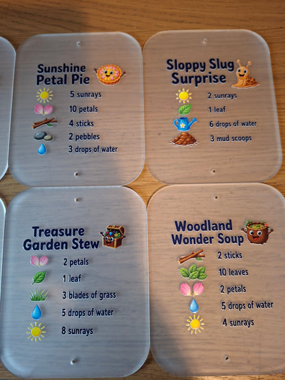 SET OF 8 MUD KITCHEN RECIPE CARDS, ACRYLIC (15X12CM)