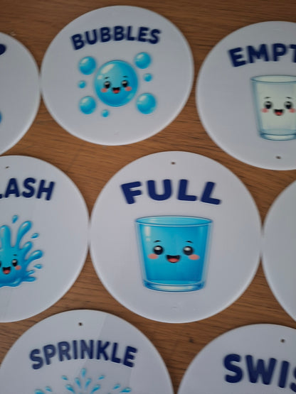 SET OF 10 WATER PLAY SIGNS, 15CM DISCS, UV PRINTED