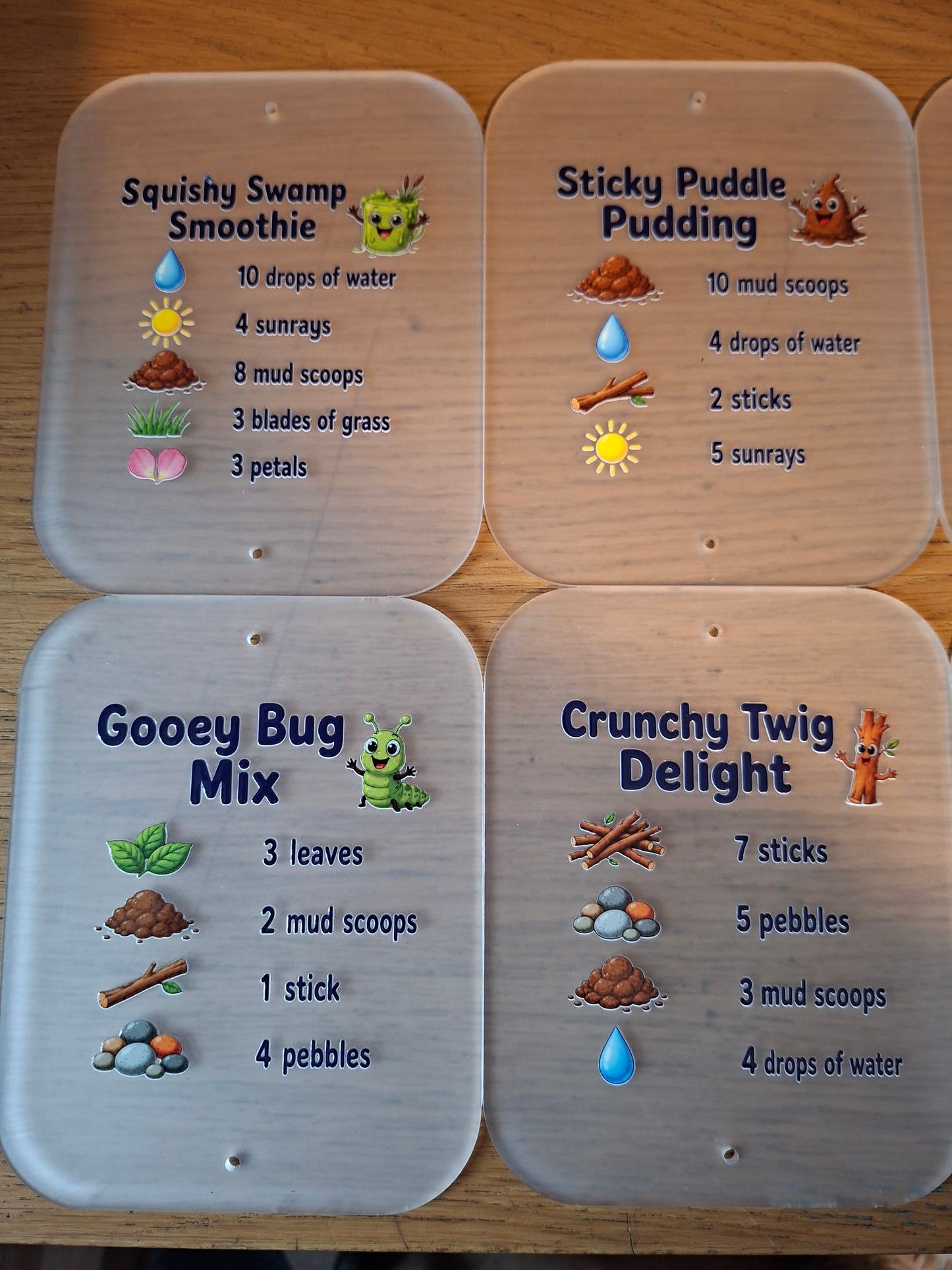 SET OF 8 MUD KITCHEN RECIPE CARDS, ACRYLIC (15X12CM)