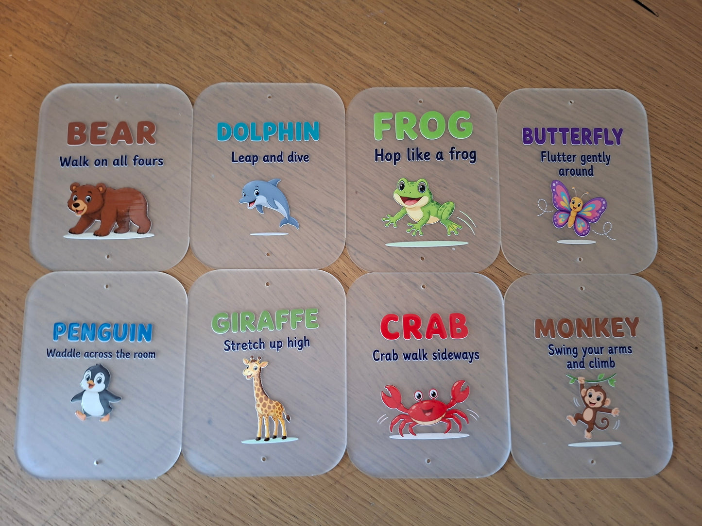 SET OF 8 ANIMAL MOVEMENT CARDS, CHILDRENS EXERCISE, 15X12CM ACRYLIC SIGNS