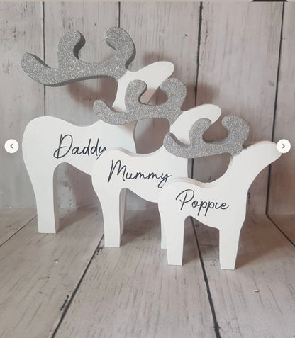 PERSONALISED REINDEER FAMILY SET, WOODEN WITH GLITTER DETAILING