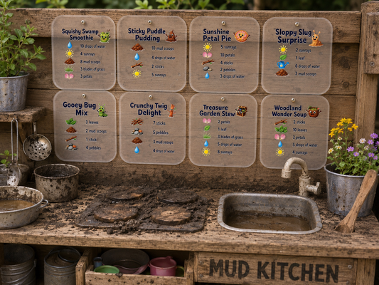 SET OF 8 MUD KITCHEN RECIPE CARDS, ACRYLIC (15X12CM)