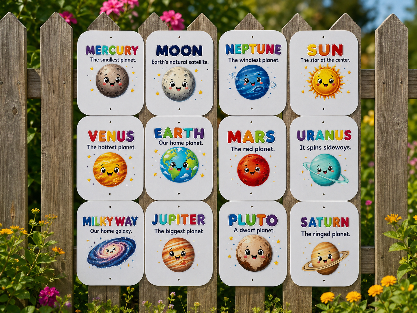 SET OF 12, PLANETS / SOLAR SYSTEM ACRYLIC SIGNS, UV PRINTED 12X15CM