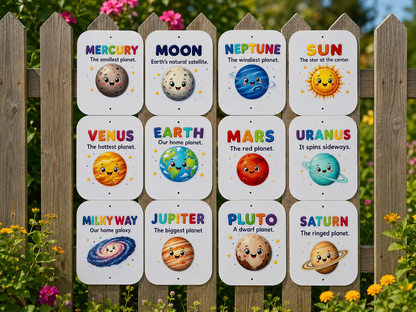 SET OF 12, PLANETS / SOLAR SYSTEM ACRYLIC SIGNS, UV PRINTED 12X15CM