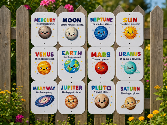 SET OF 12, PLANETS / SOLAR SYSTEM ACRYLIC SIGNS, UV PRINTED 12X15CM