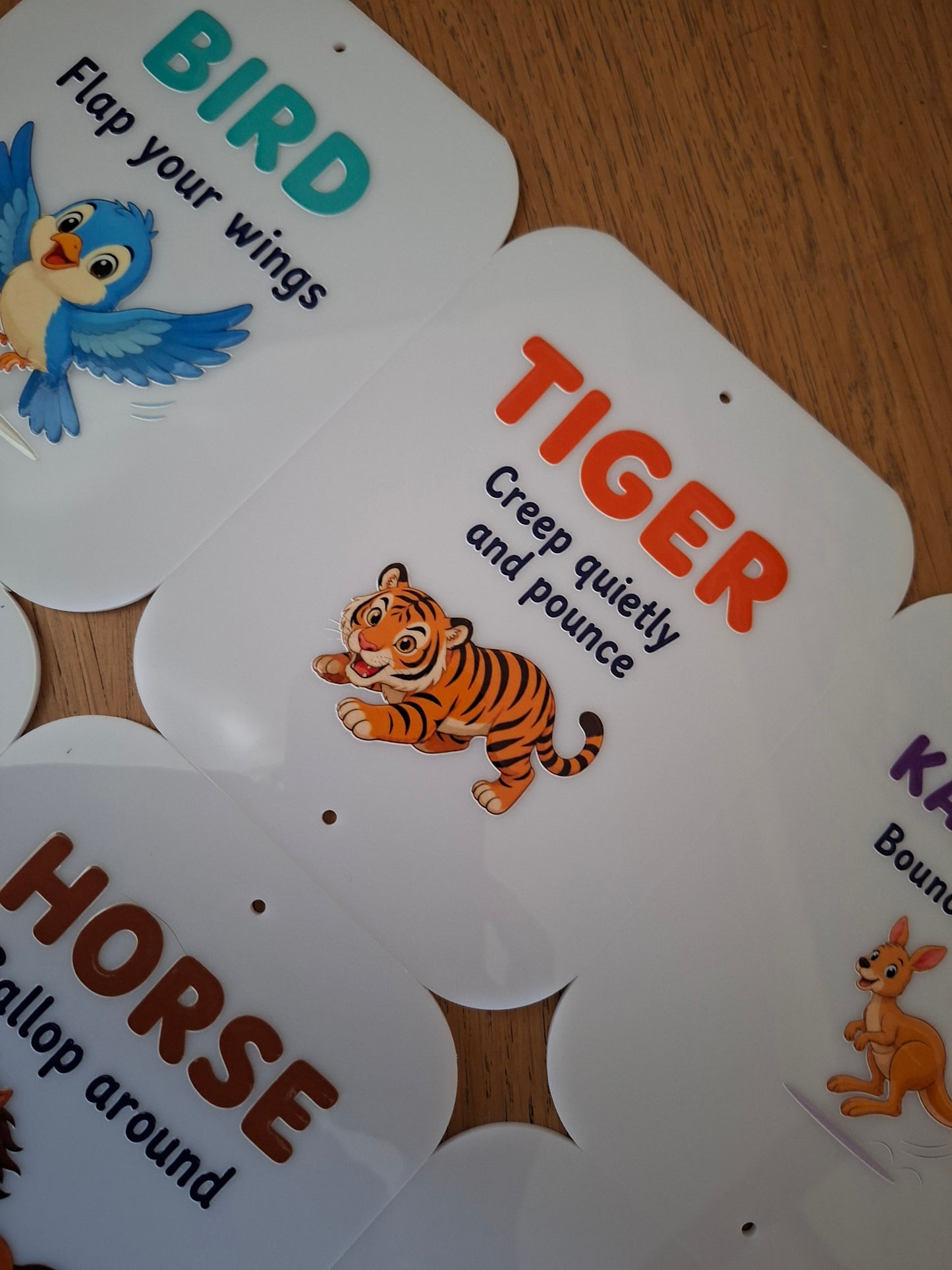 SET OF 8 ANIMAL MOVEMENT CARDS, CHILDRENS EXERCISE, 15X12CM ACRYLIC SIGNS