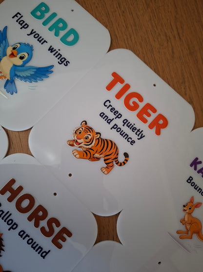 SET OF 8 ANIMAL MOVEMENT CARDS, CHILDRENS EXERCISE, 15X12CM ACRYLIC SIGNS