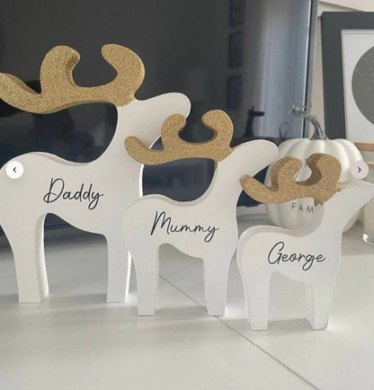PERSONALISED REINDEER FAMILY SET, WOODEN WITH GLITTER DETAILING