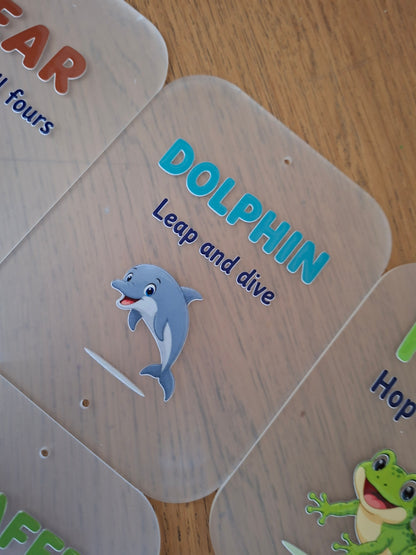 SET OF 8 ANIMAL MOVEMENT CARDS, CHILDRENS EXERCISE, 15X12CM ACRYLIC SIGNS
