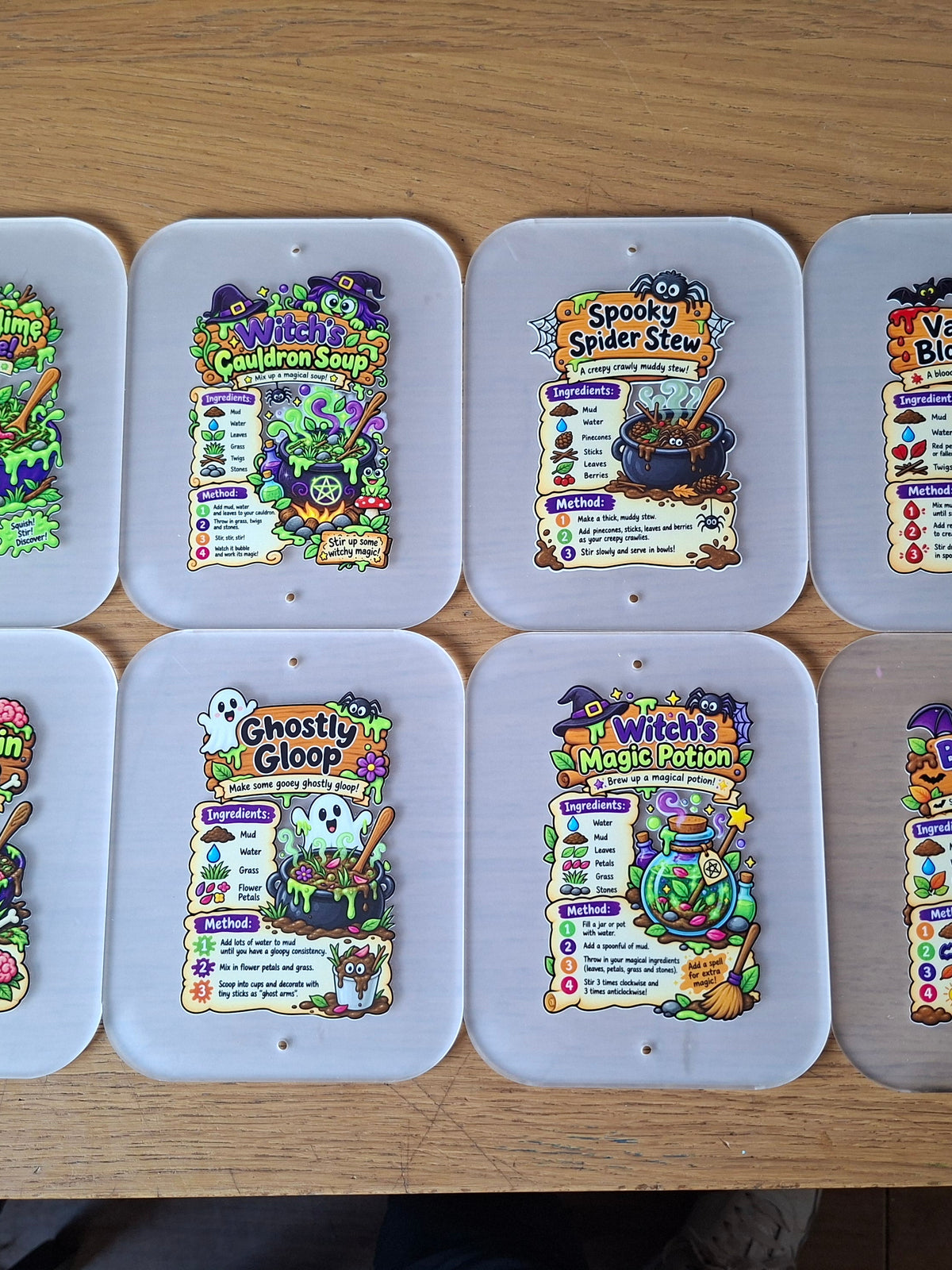 SET OF 8 HALLOWEEN MUD KITCHEN RECIPE CARDS, ACRYLIC (15X12CM)