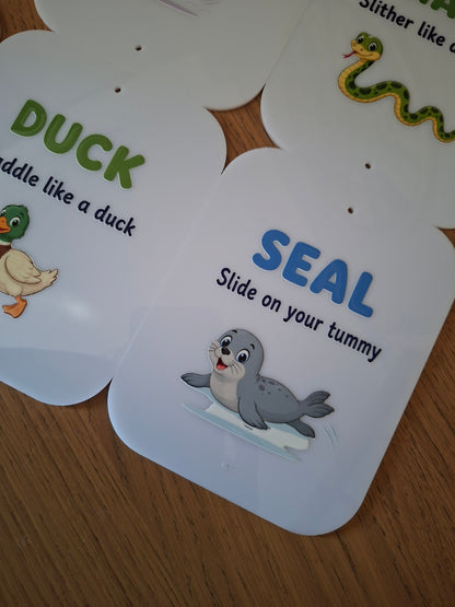 SET OF 8 ANIMAL MOVEMENT CARDS, CHILDRENS EXERCISE, 15X12CM ACRYLIC SIGNS