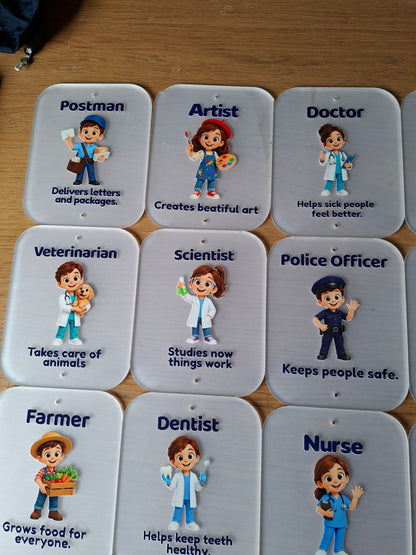 SET OF 15 PROFESSIONALS, HEROES, I WANT TO BE, ACRYLIC SIGNS (12X15CM), UV PRINTED
