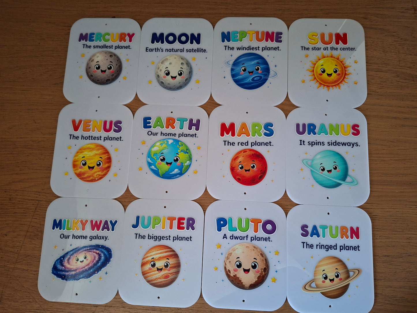SET OF 12, PLANETS / SOLAR SYSTEM ACRYLIC SIGNS, UV PRINTED 12X15CM