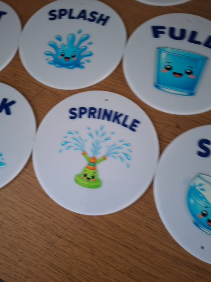 SET OF 10 WATER PLAY SIGNS, 15CM DISCS, UV PRINTED