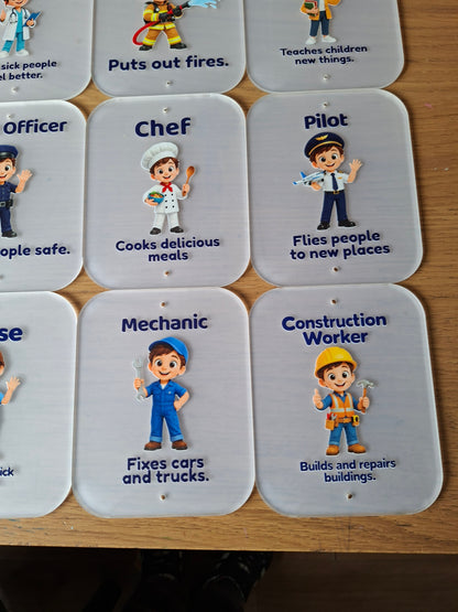 SET OF 15 PROFESSIONALS, HEROES, I WANT TO BE, ACRYLIC SIGNS (12X15CM), UV PRINTED