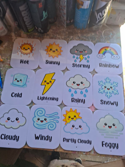 SET OF 12 WEATHER ICON FLASHCARDS - ACRYLIC, 15X12CM