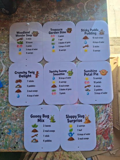 SET OF 8 MUD KITCHEN RECIPE CARDS, ACRYLIC (15X12CM)