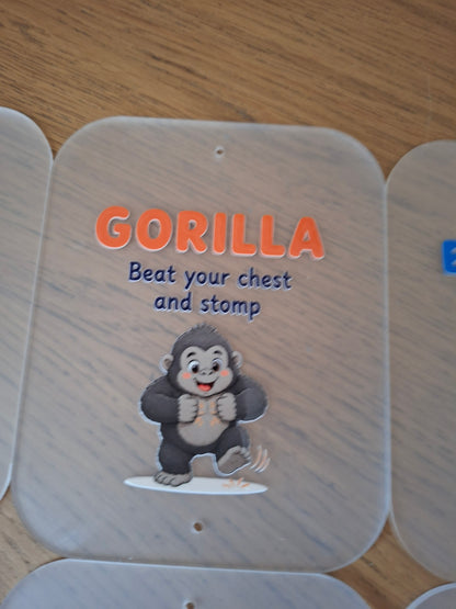SET OF 8 ANIMAL MOVEMENT CARDS, CHILDRENS EXERCISE, 15X12CM ACRYLIC SIGNS