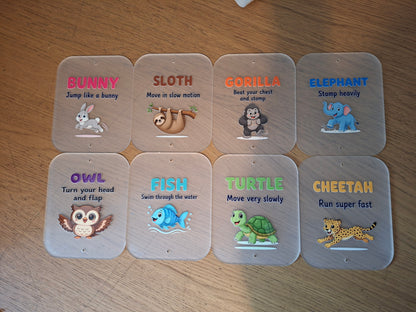 SET OF 8 ANIMAL MOVEMENT CARDS, CHILDRENS EXERCISE, 15X12CM ACRYLIC SIGNS
