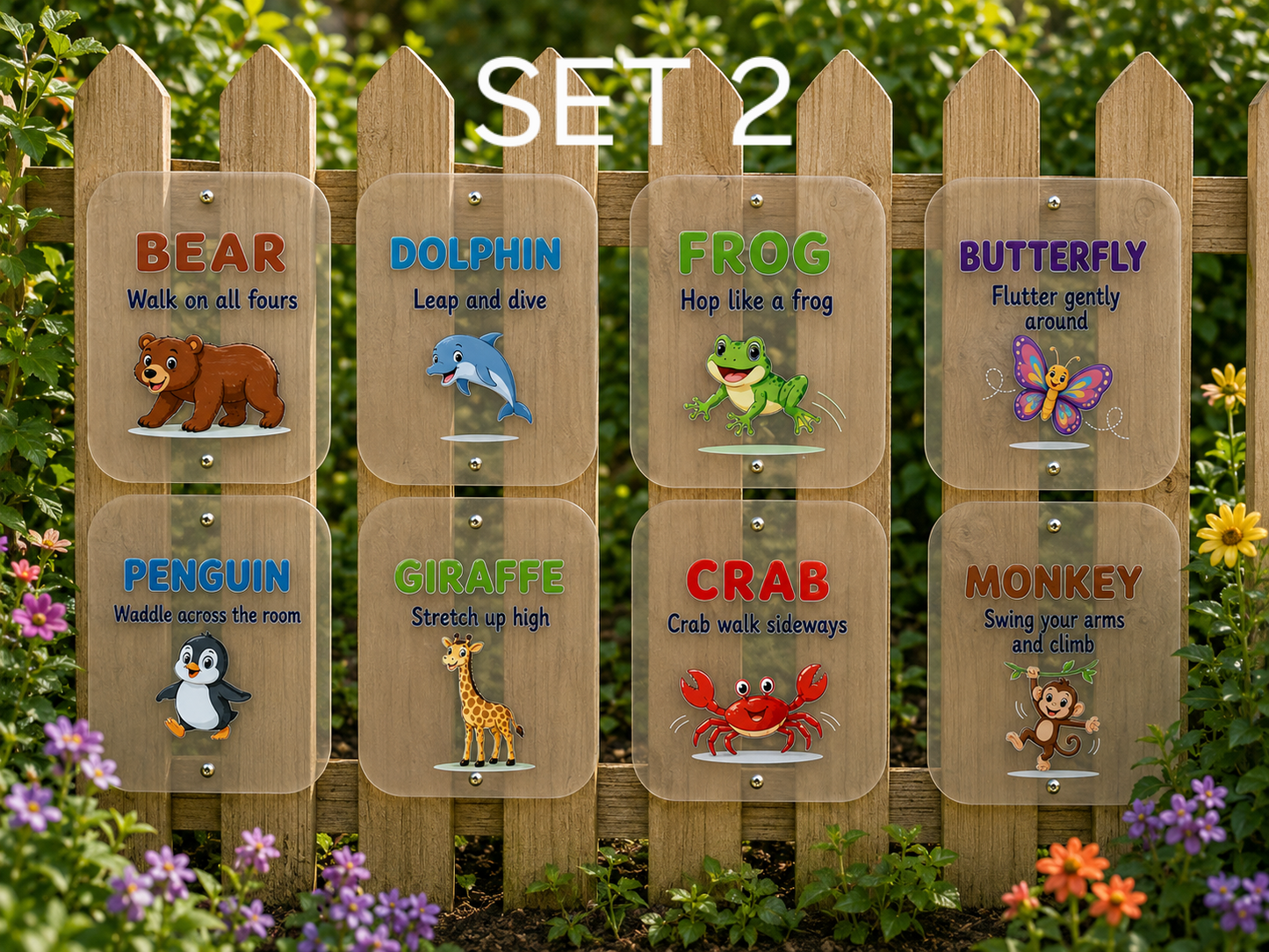 SET OF 8 ANIMAL MOVEMENT CARDS, CHILDRENS EXERCISE, 15X12CM ACRYLIC SIGNS
